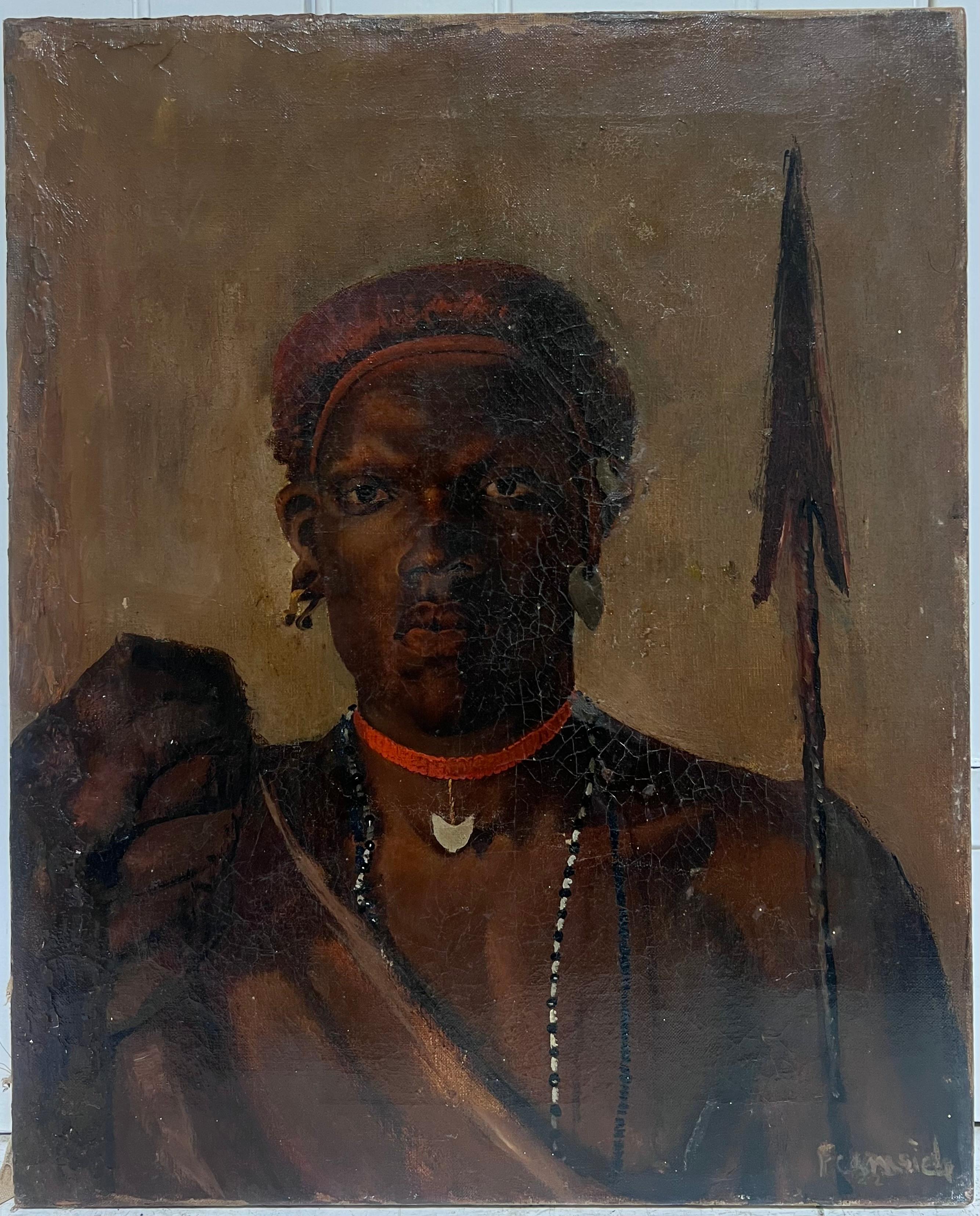 Antique Signed British Ölgemälde Porträt eines Kriegers mit einem Speer – Painting von British School