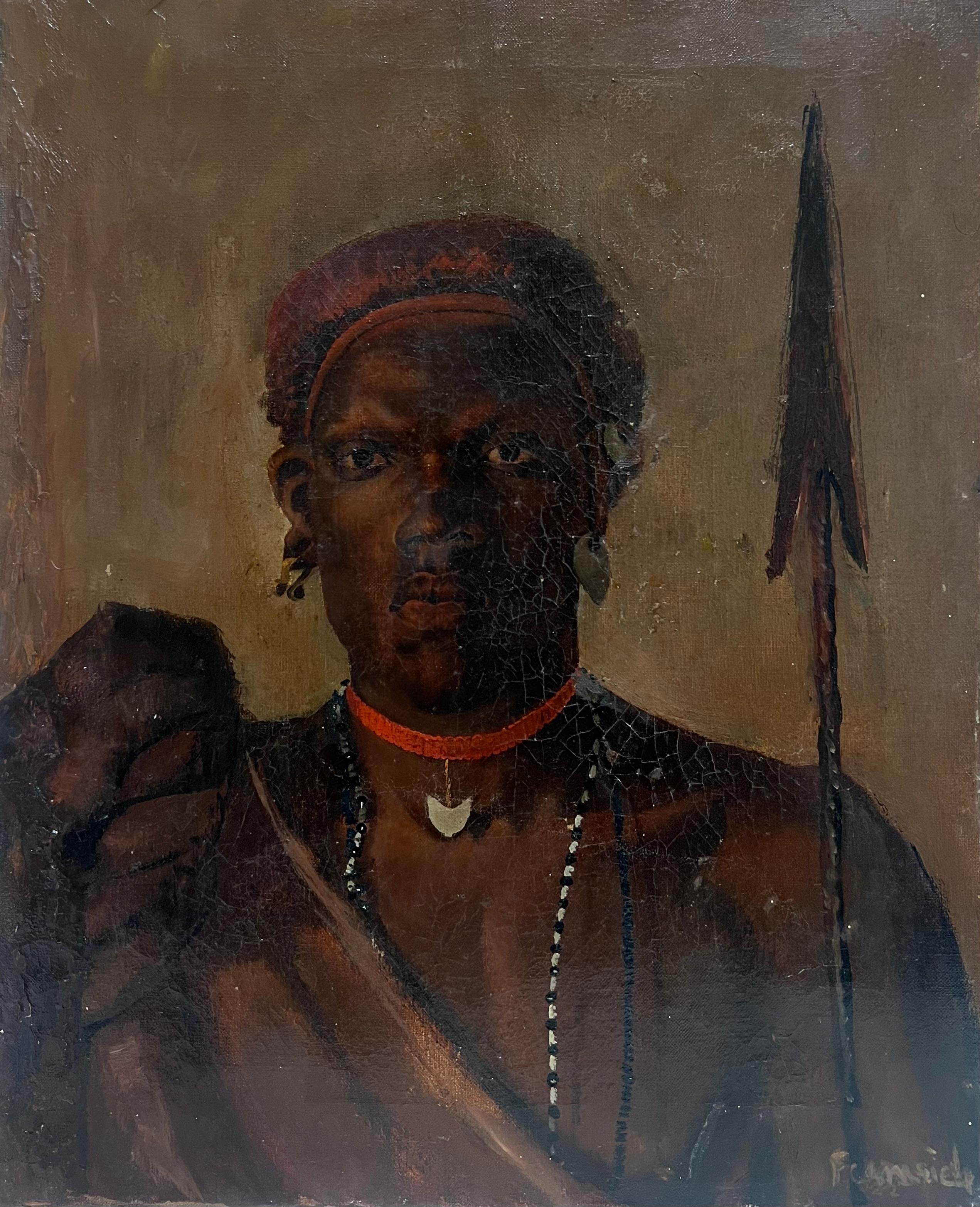 Antique Signed British Ölgemälde Porträt eines Kriegers mit einem Speer (Englische Schule), Painting, von British School