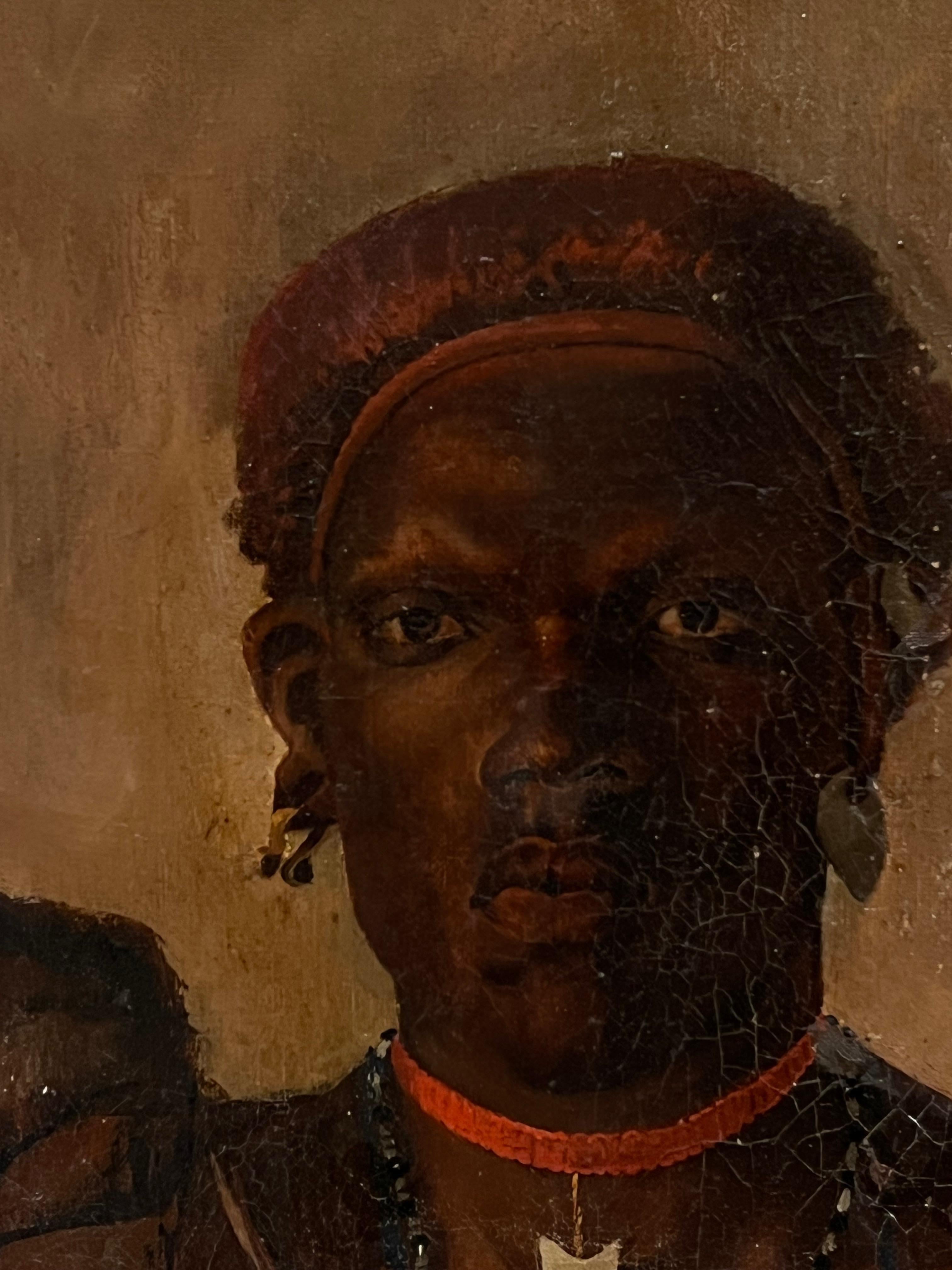 Antique Signed British Ölgemälde Porträt eines Kriegers mit einem Speer (Schwarz), Figurative Painting, von British School