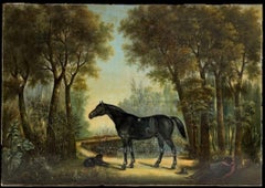 Black Horse & Black Terrier Dog in British Countryside Forest Landscape Painting