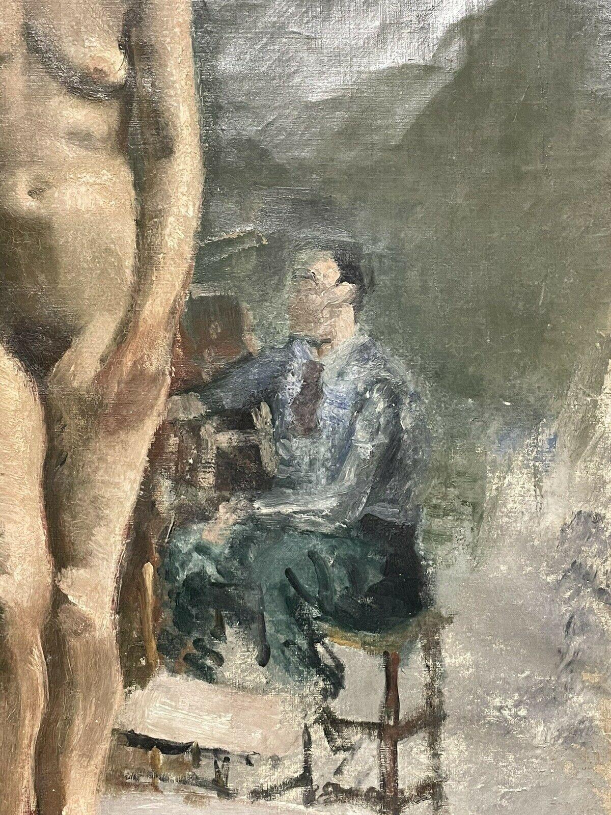 OIL BRITISH MODERN des années 1930 - CLASS ARTISTS STUDIO STILL LIFE ART CLASS WITH NUDE MODEL en vente 1