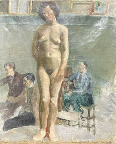 Vintage 1930's MODERN BRITISH OIL - ARTISTS STUDIO STILL LIFE ART CLASS WITH NUDE MODEL