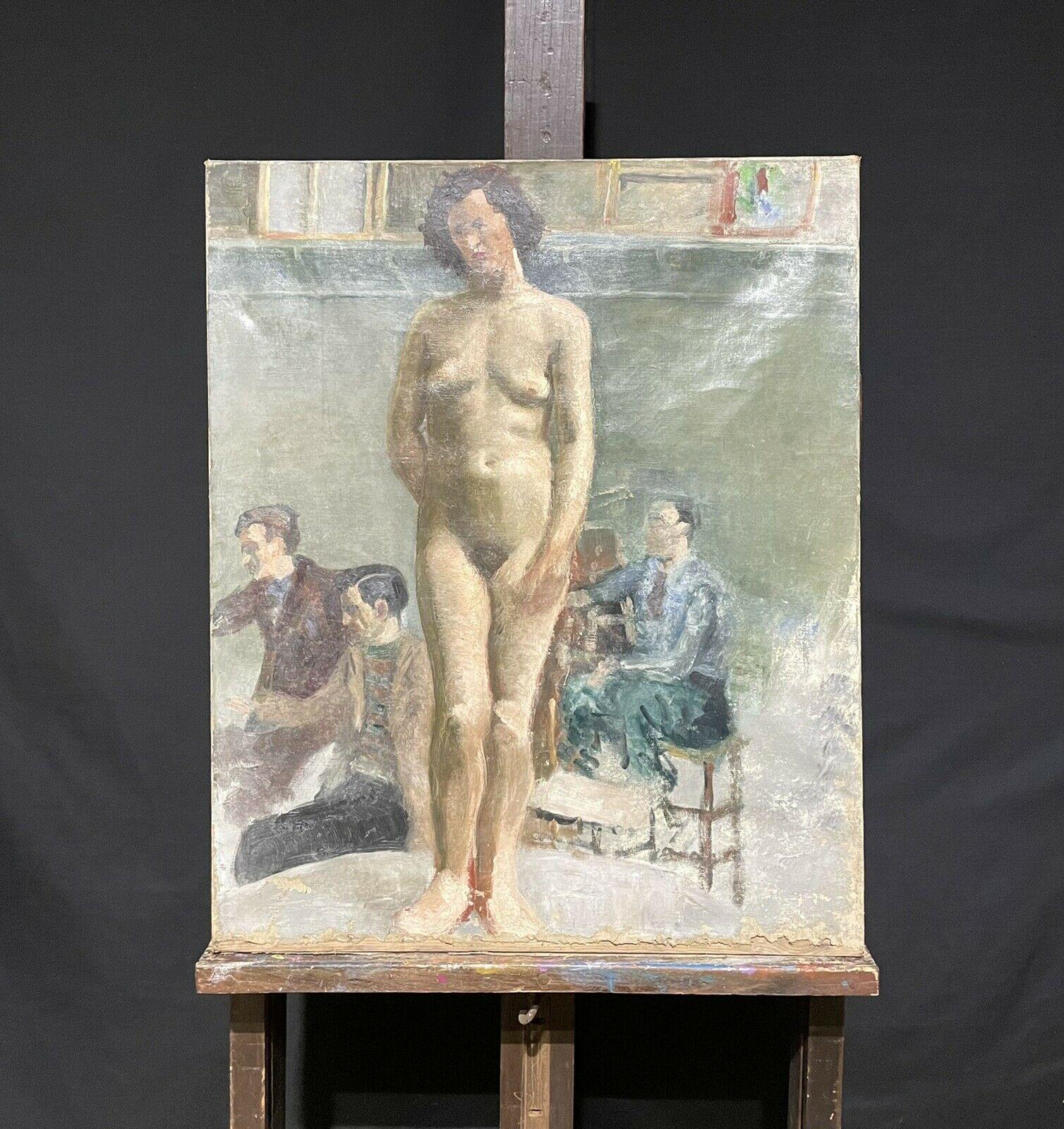 OIL BRITISH MODERN des années 1930 - CLASS ARTISTS STUDIO STILL LIFE ART CLASS WITH NUDE MODEL - Painting de British School