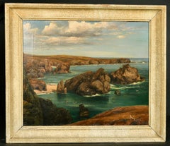 Antique British Oil Painting - Coastal Seascape Rocky Headland