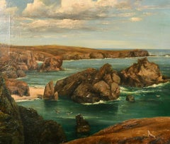 Antique British Oil Painting - Coastal Seascape Rocky Headland