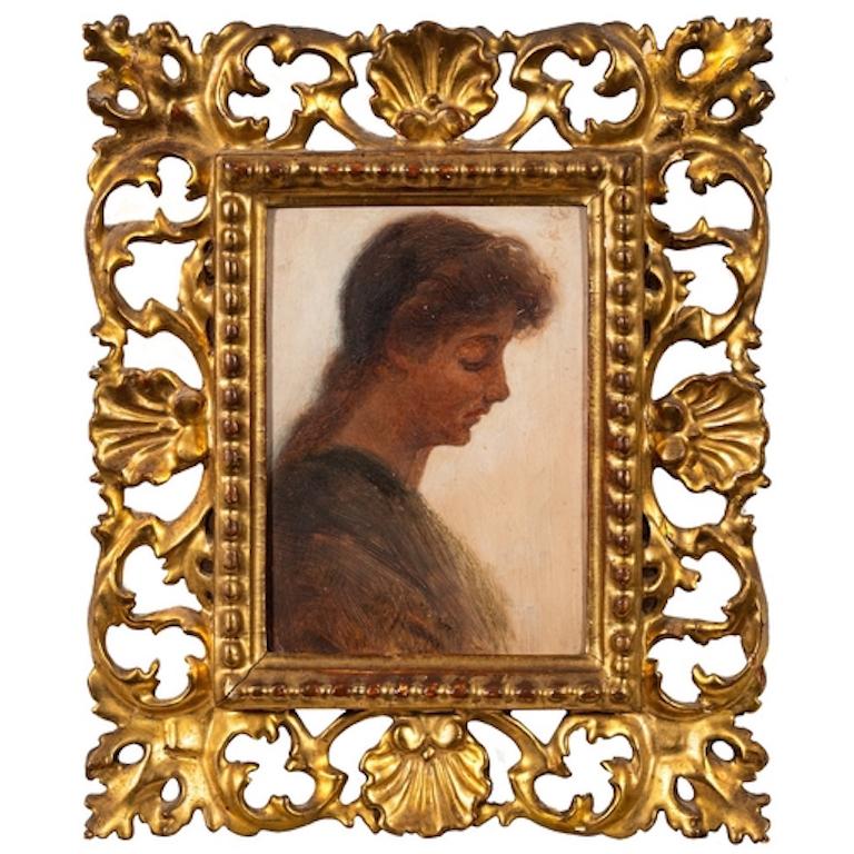 Antique English Pre-Raphaelite Oil Portrait of a Young Woman in Pensive Thought