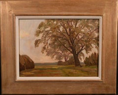 MID CENTURY SIGNED OIL PAINTING - MOODY DUSKY MUTED LANDSCAPE TREES & HAYSTACKS