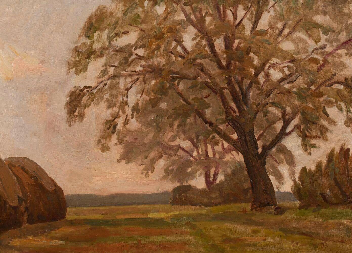 Landscape Painting British School - Peinture à l'huile signée du milieu du siècle dernier - TABLES ET HAYSTACKS DE PIÈCES DE PIÈCES EN MOODY DUSKY MUTED