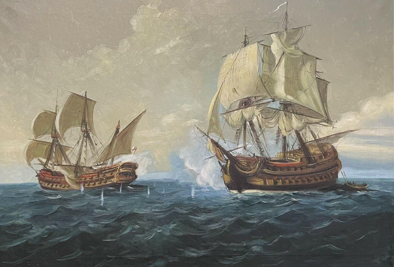British School Landscape Painting - 17th Galleons Marine Naval Engagement Sea Battle Scene, Large Oil Painting