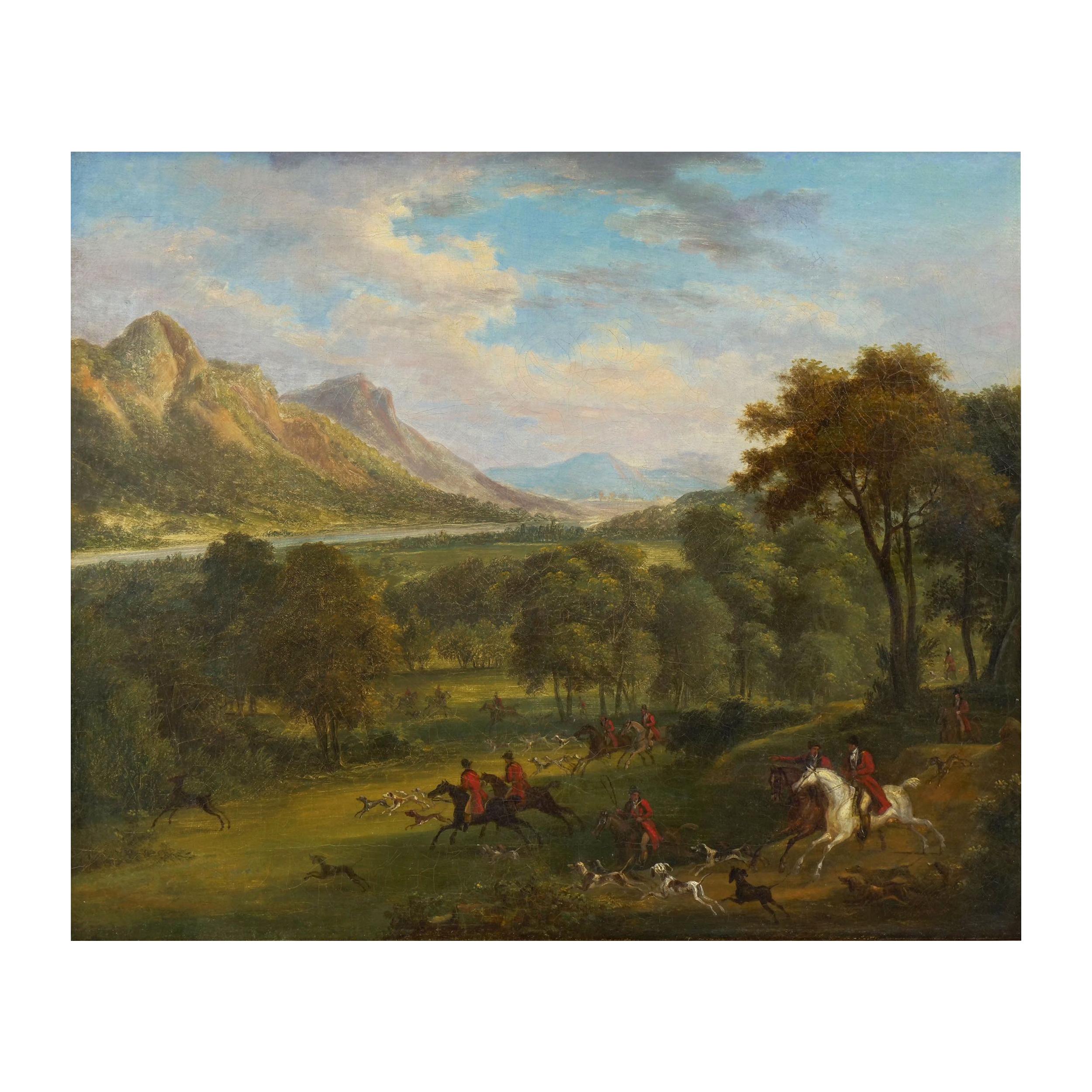 British School Antique Oil Landscape Painting of “A Hunting Party"