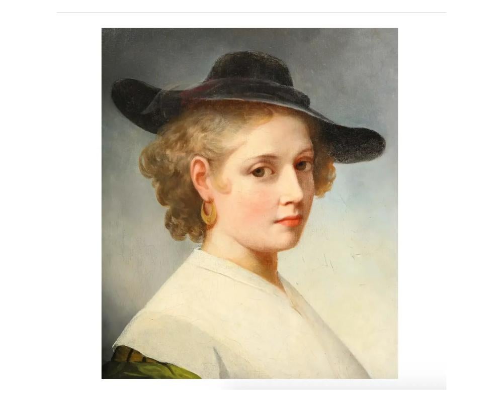 Oiled British School, C. 1840 An Exceptional Quality Portrait “Lady in Green” For Sale