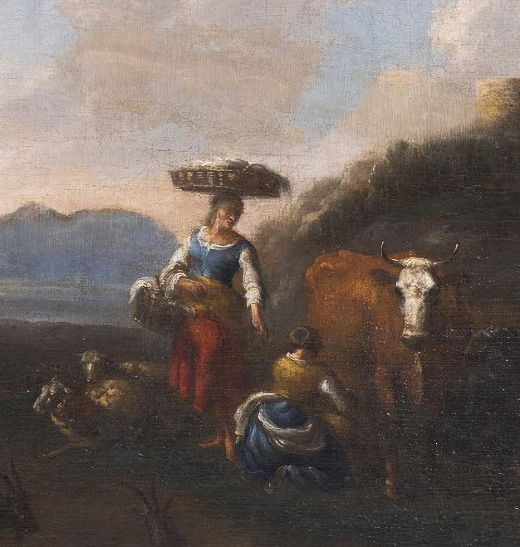 BRITISCHE SCHULE  „Landschaft mit Figuren und Tieren“ 19. Jahrhundert (Barock) im Angebot