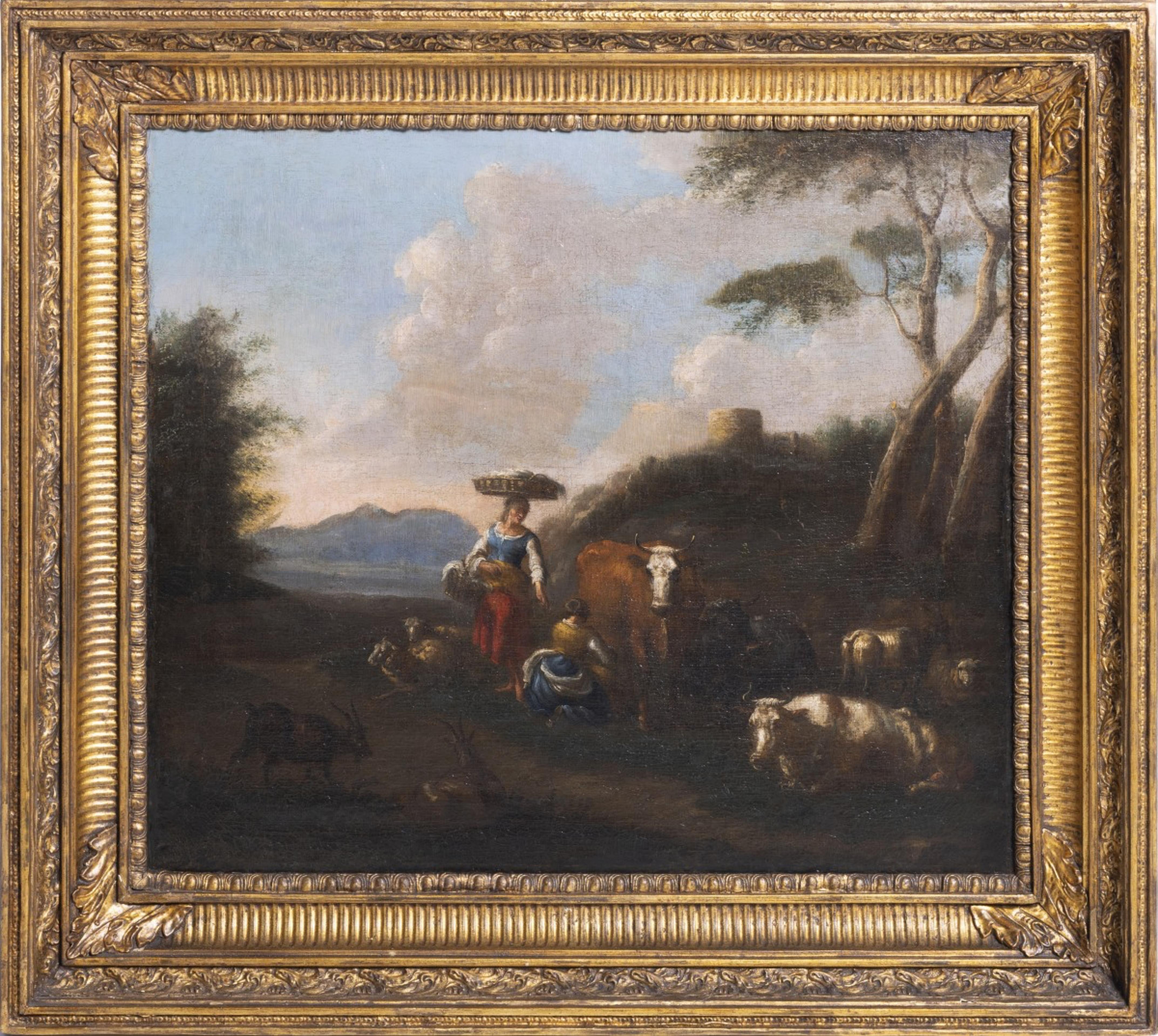 BRITISCHE SCHULE  „Landschaft mit Figuren und Tieren“ 19. Jahrhundert (Geölt) im Angebot