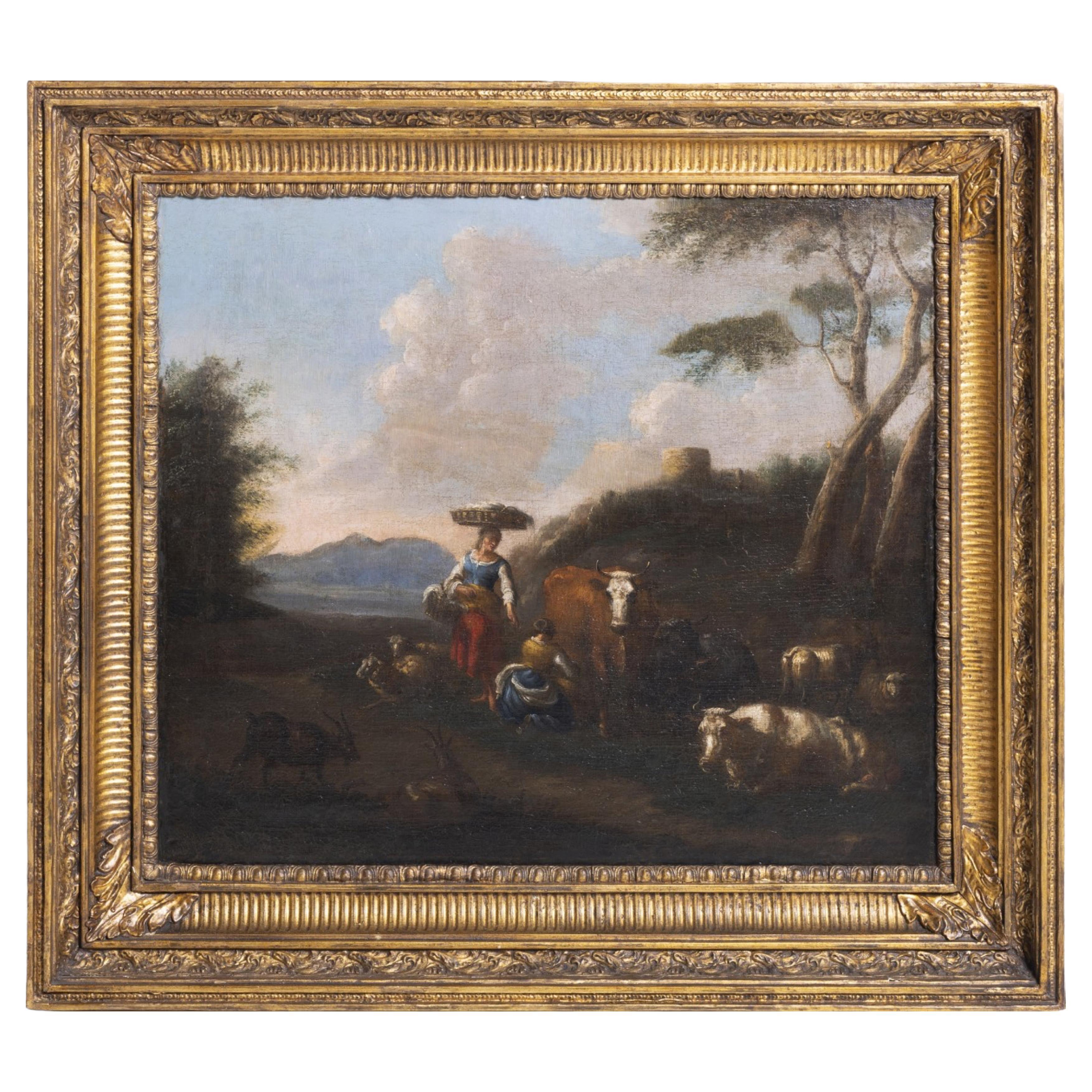 BRITISH SCHOOL  "Landscape with Figures and Animals" 19th Century For Sale