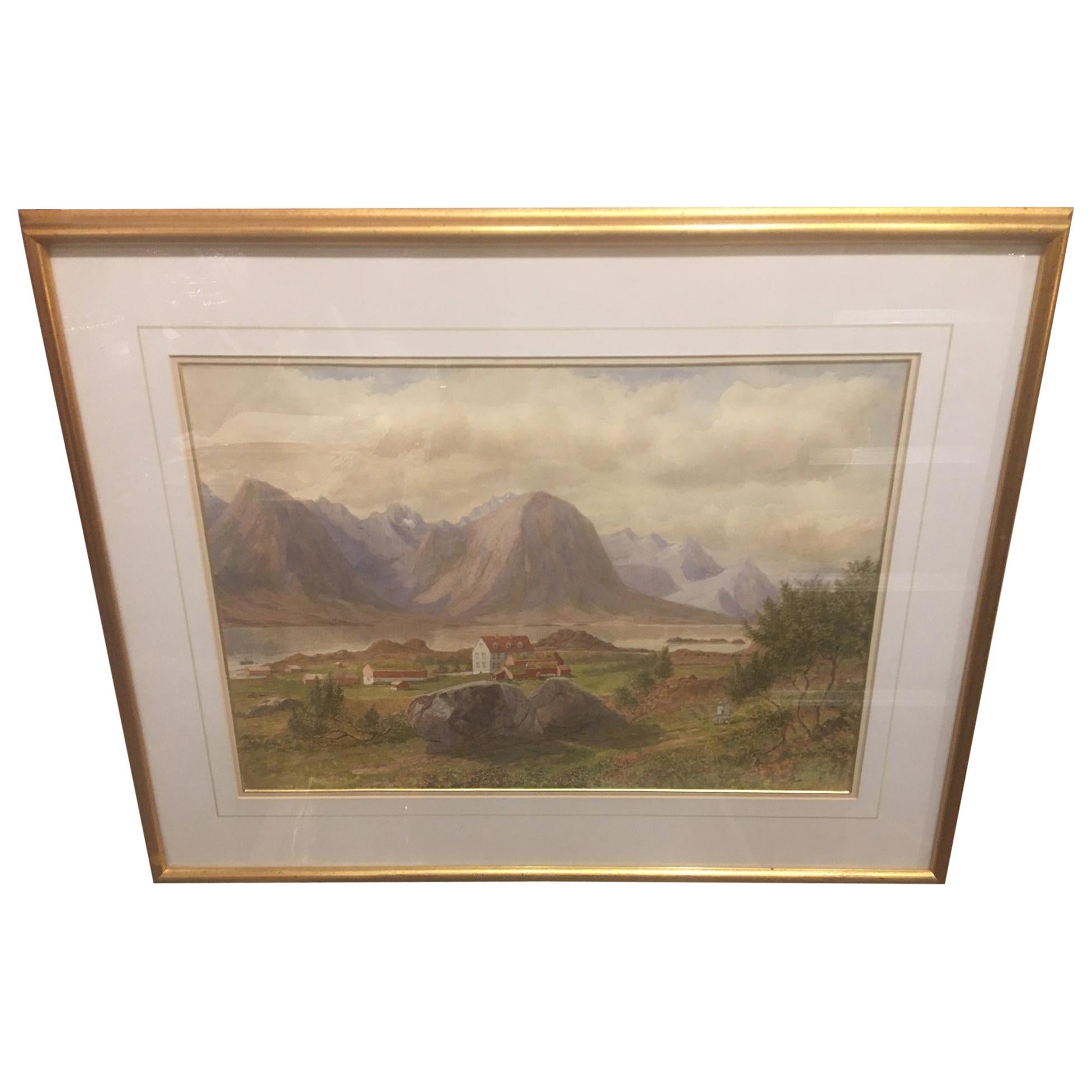 British School "Mountain Landscape", Watercolor, Framed, Unsigned, 19th Century  For Sale