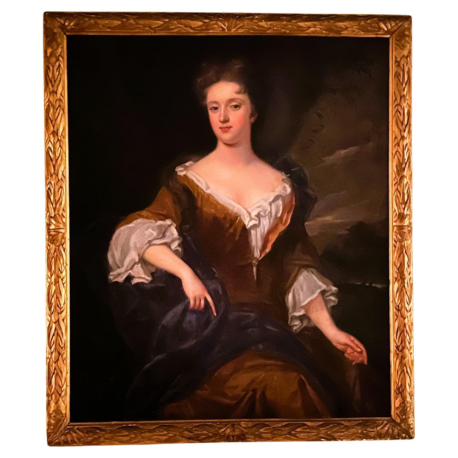 École britannique, huile sur toile grand portrait d'une femme, milieu du 18e siècle en vente