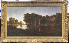 Huge Victorian Oil Painting Gateway to a Country House at Dusk Sunset River