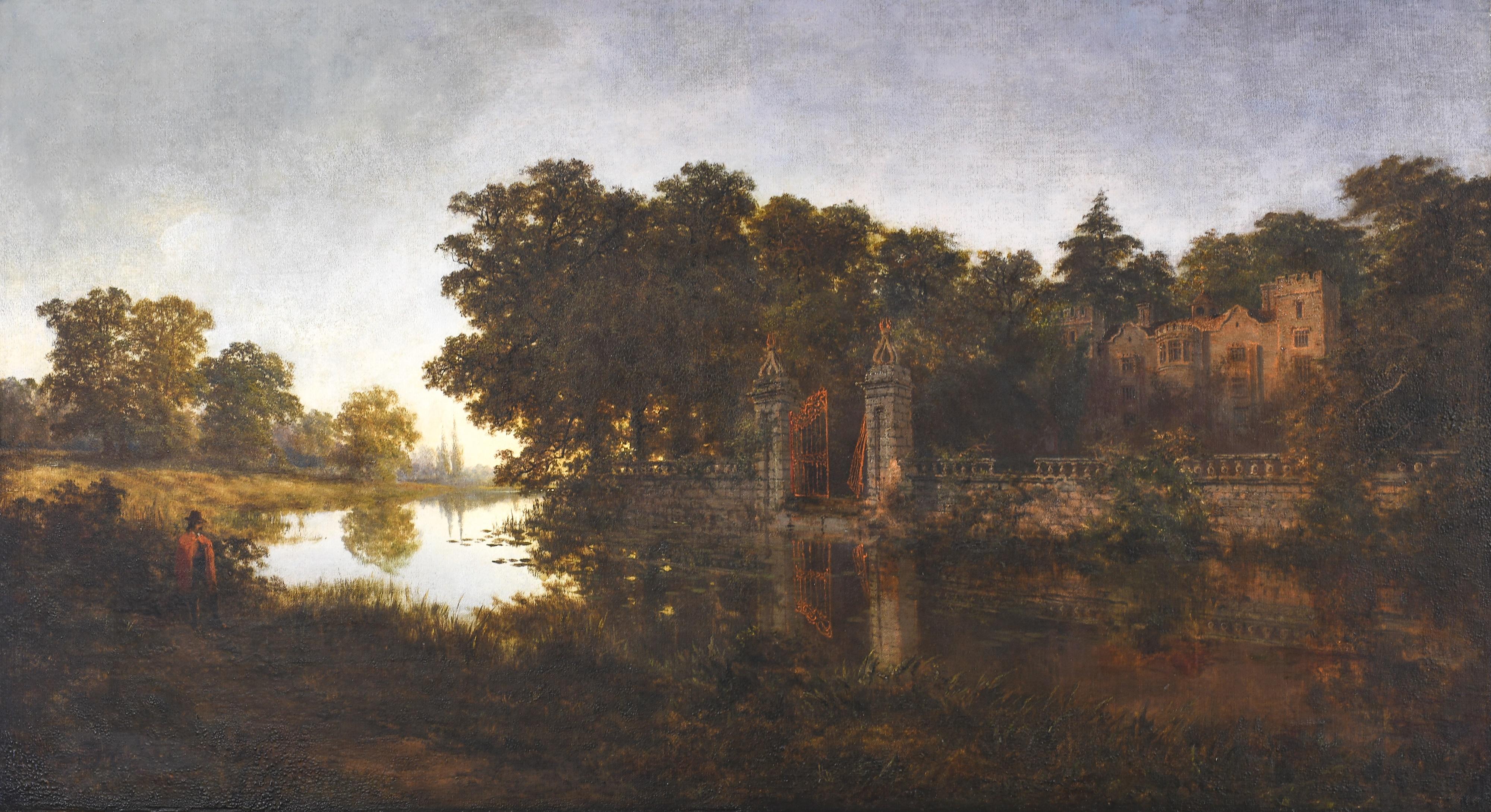 Huge Victorian Oil Painting Gateway to a Country House at Dusk Sunset River