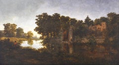 Antique Huge Victorian Oil Painting Gateway to a Country House at Dusk Sunset River