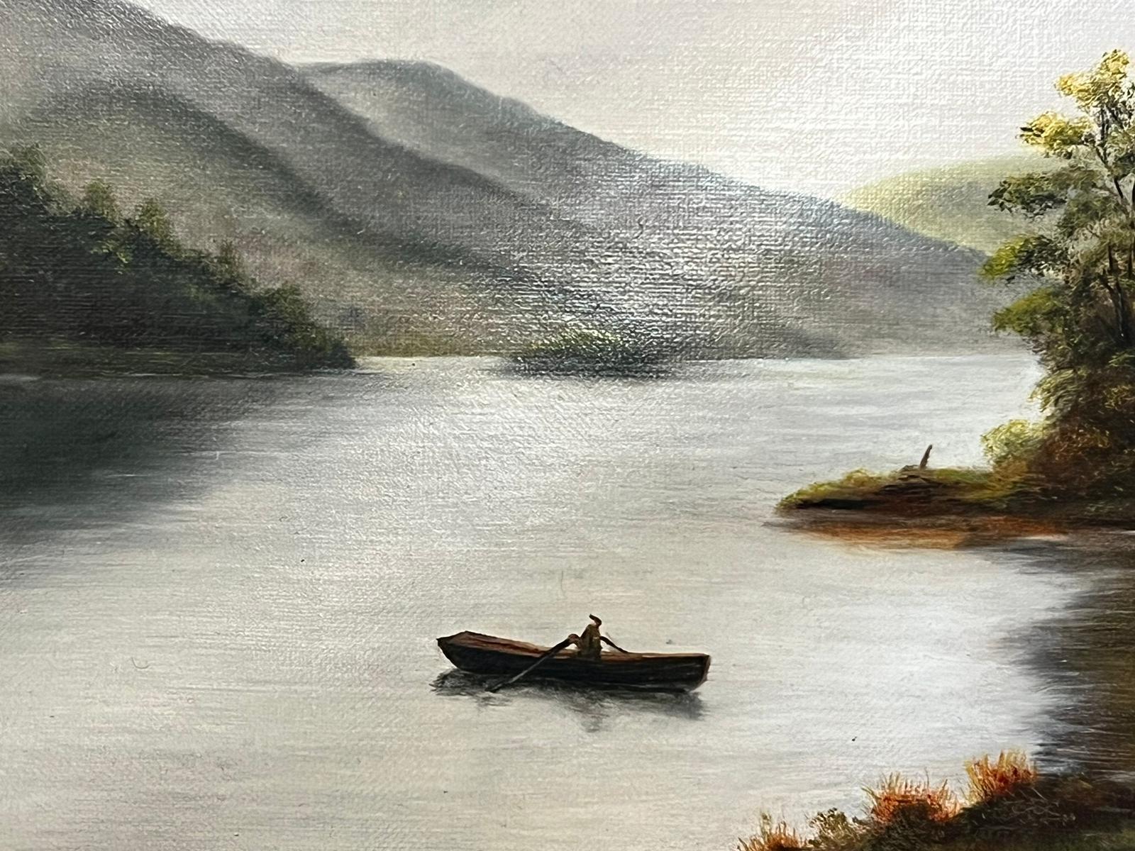 Loch Lomond Antique Scottish Oil Painting Rowing Boat on Loch Rising Mountains 1