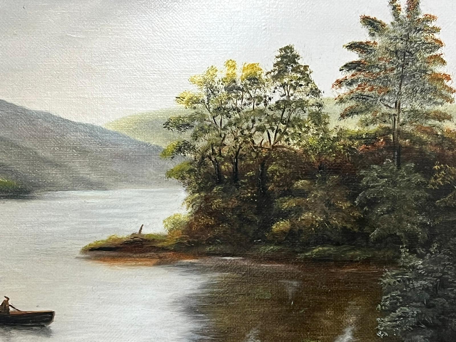 Loch Lomond Antique Scottish Oil Painting Rowing Boat on Loch Rising Mountains 2