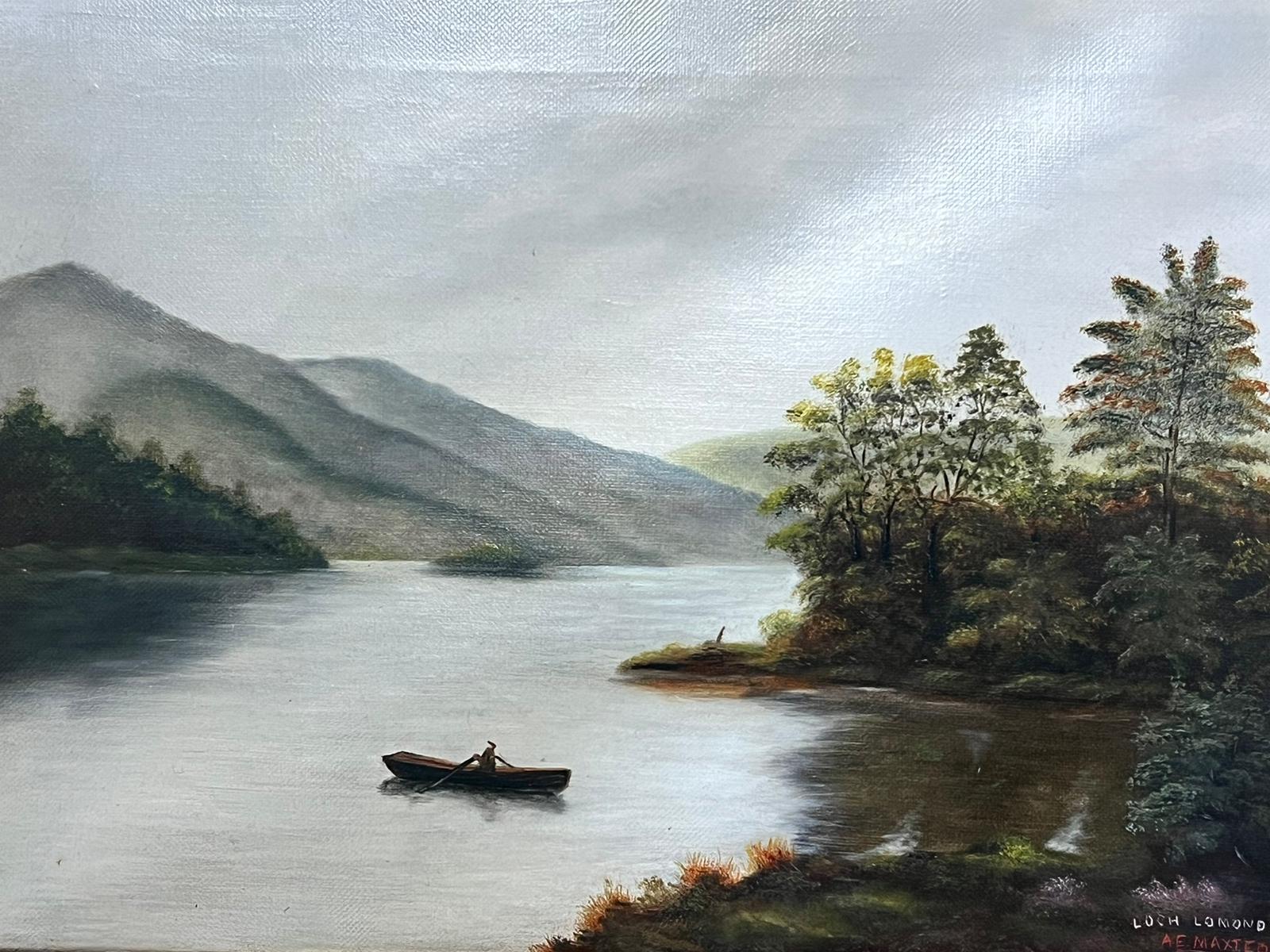 Loch Lomond Antique Scottish Oil Painting Rowing Boat on Loch Rising Mountains 4