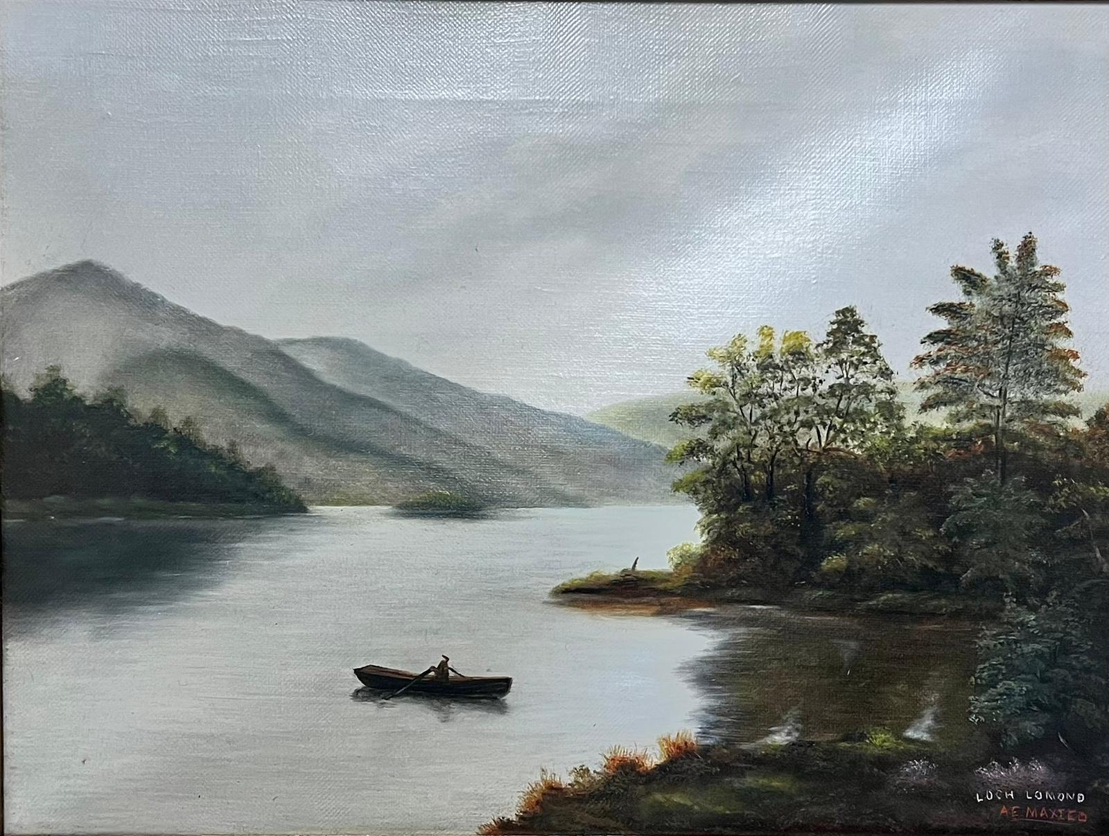 British School Figurative Painting - Loch Lomond Antique Scottish Oil Painting Rowing Boat on Loch Rising Mountains