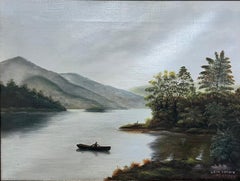 Loch Lomond Antique Scottish Oil Painting Rowing Boat on Loch Rising Mountains