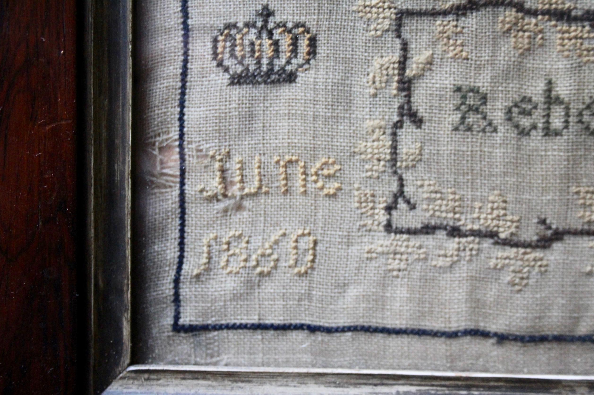 Fabric British signed and dated June 1860 needlework sampler For Sale