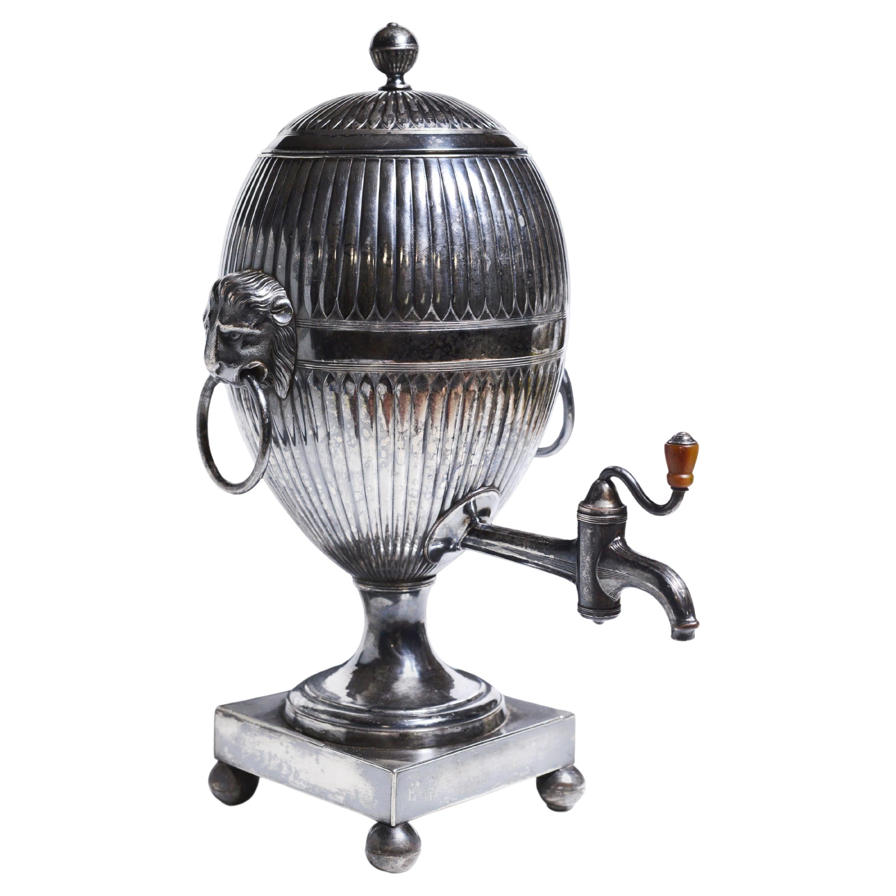 British Silver Plated Tea Urn Samovar 19th century Egg Shaped with Lion Heads For Sale