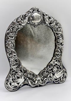 British Silver Victorian Embossed Heart Shaped Dressing Mirror Flowers Scrolls