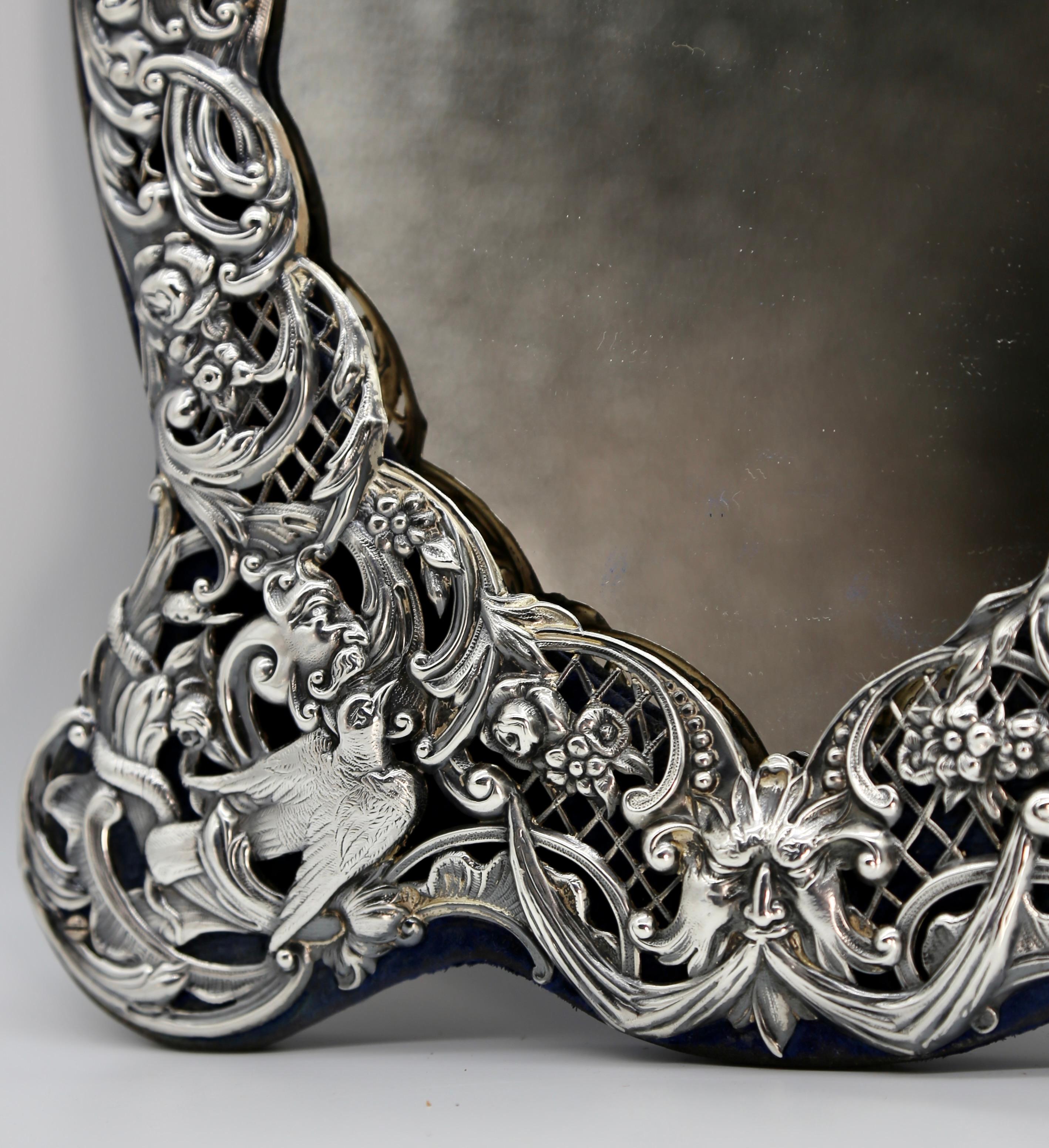 English British Silver Victorian Embossed Heart Shaped Dressing Mirror Flowers Scrolls For Sale