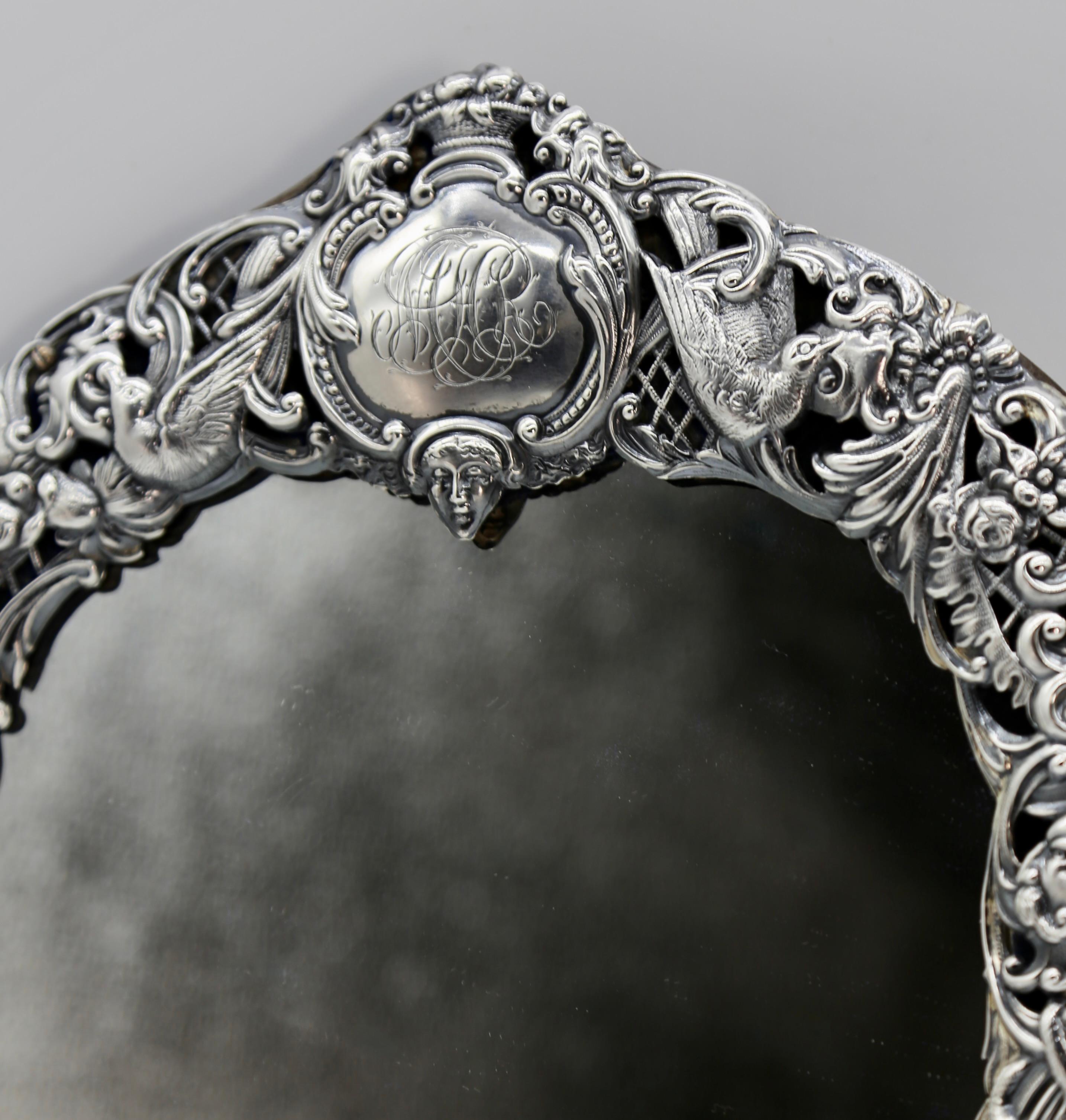 British Silver Victorian Embossed Heart Shaped Dressing Mirror Flowers Scrolls In Good Condition For Sale In Glenford, NY