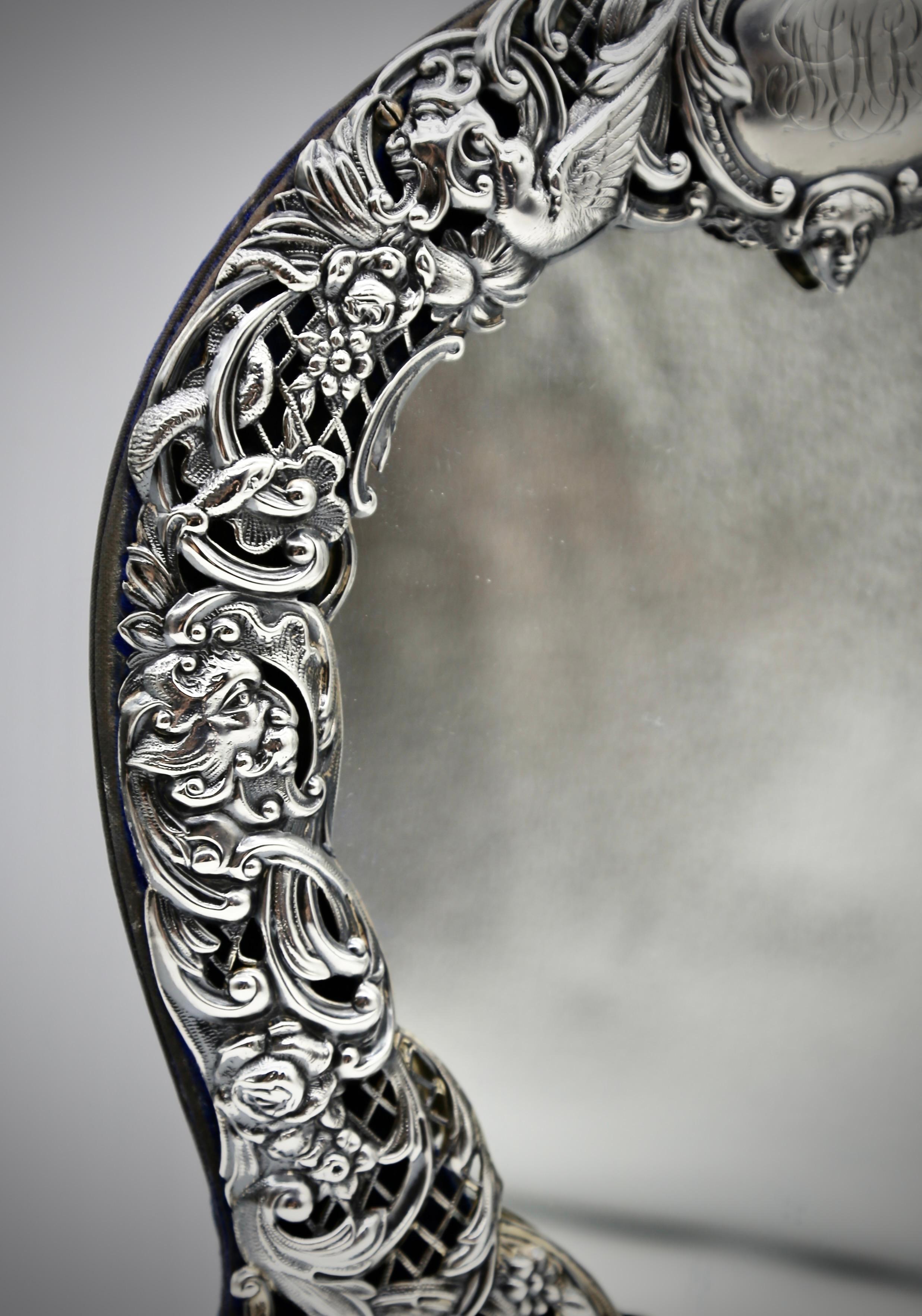 Late 19th Century British Silver Victorian Embossed Heart Shaped Dressing Mirror Flowers Scrolls For Sale