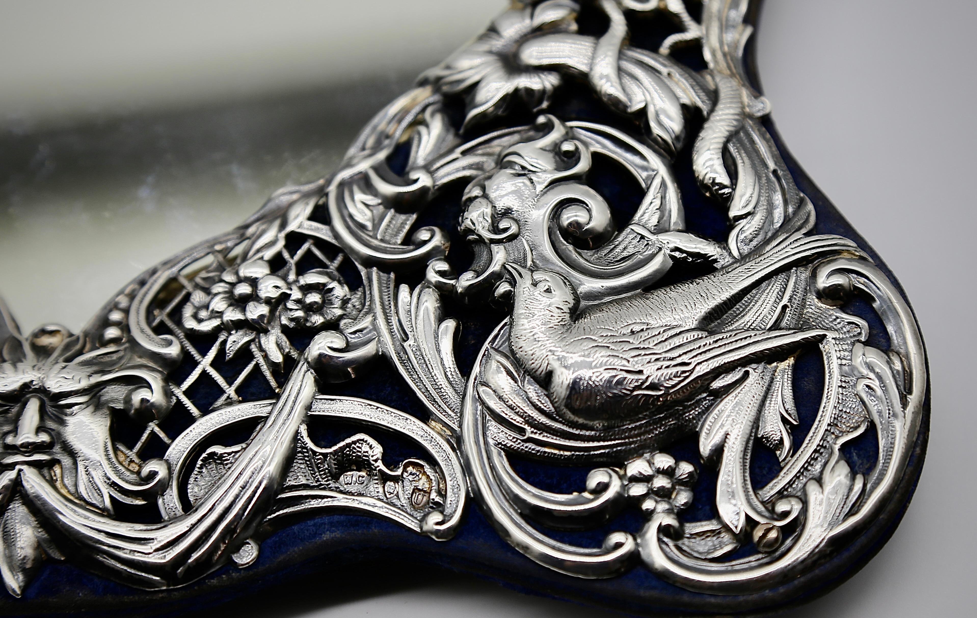 Sterling Silver British Silver Victorian Embossed Heart Shaped Dressing Mirror Flowers Scrolls For Sale