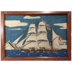 Antique British Small Sailor's Woolwork of Two Ships amongst Floating Ice