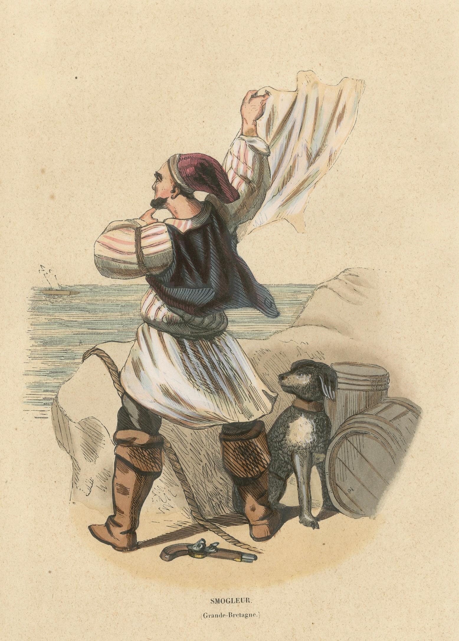 British Smuggler, Coastal Scene, Hand-Coloured Lithograph, c.1845
