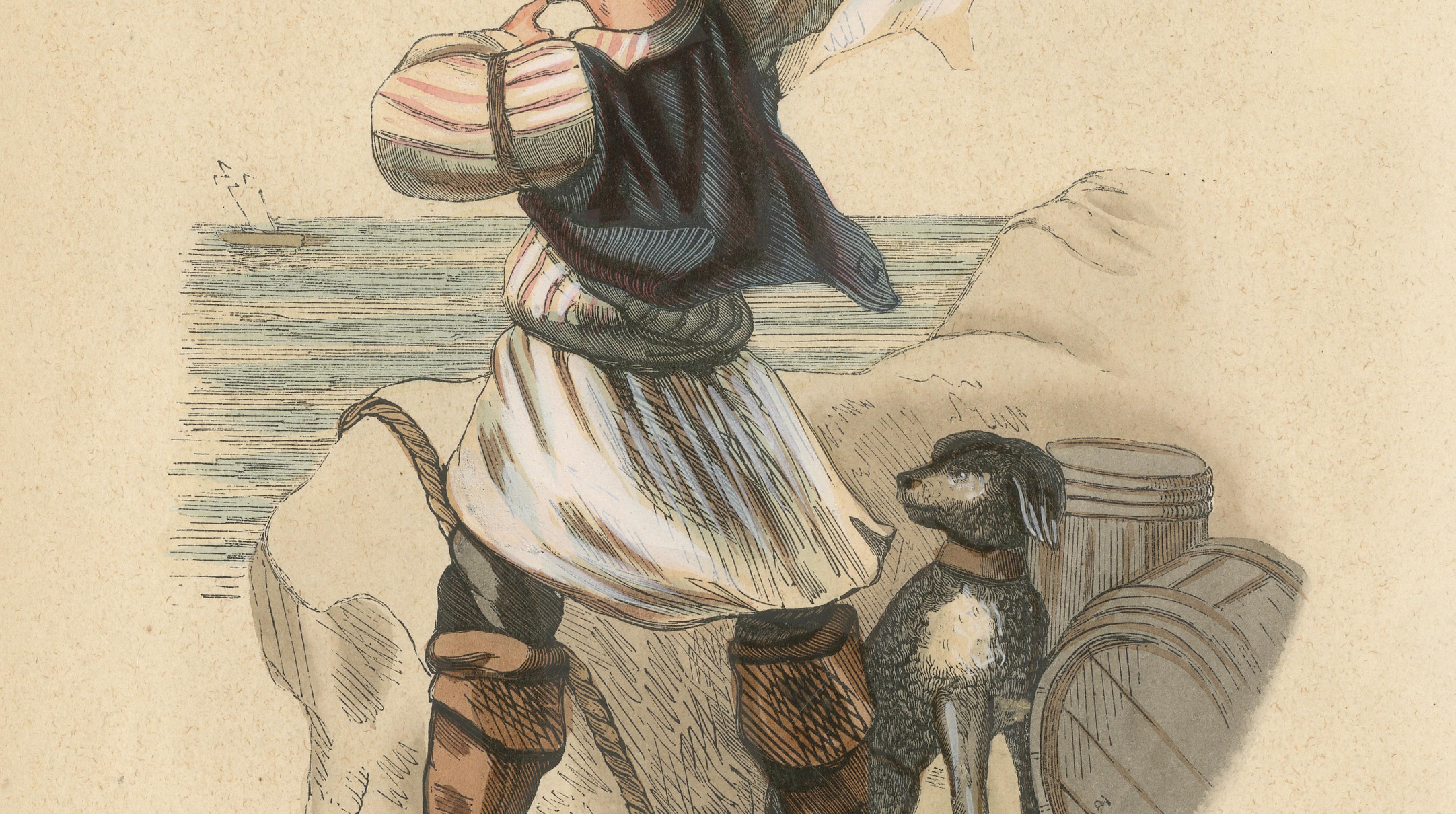 British Smuggler, Coastal Scene, Hand-Coloured Lithograph, c.1845