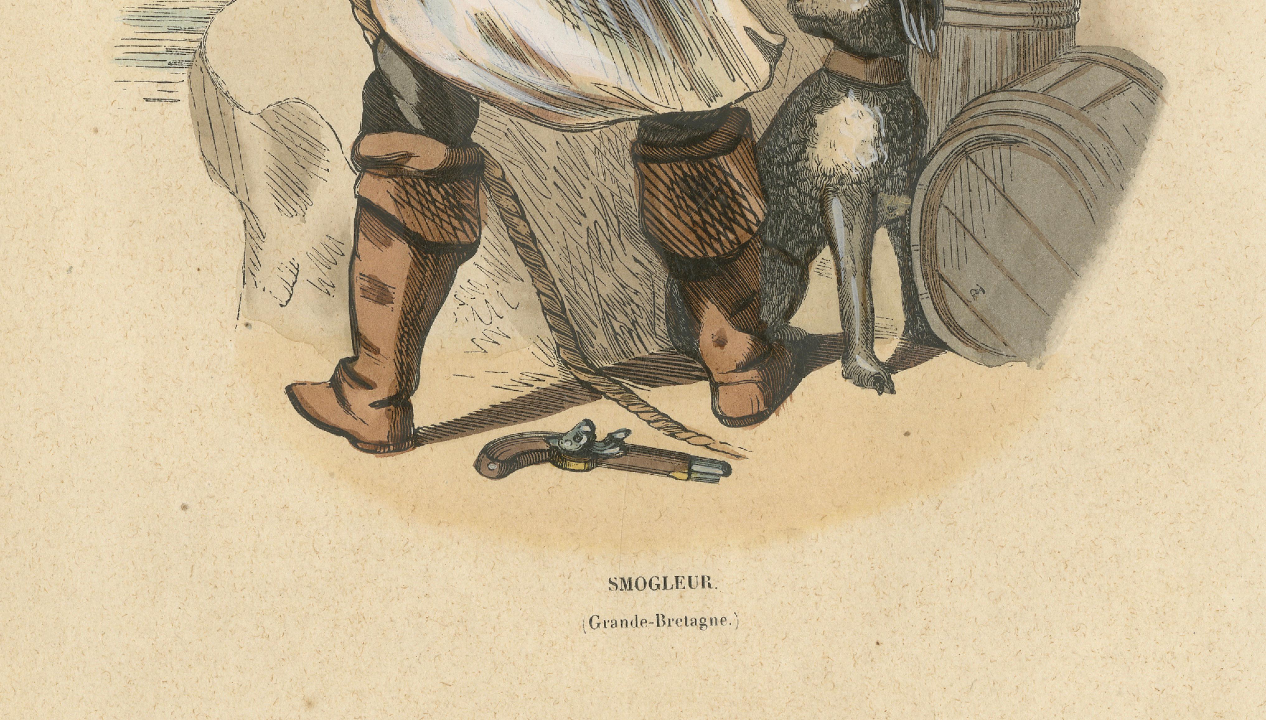 British Smuggler, Coastal Scene, Hand-Coloured Lithograph, c.1845