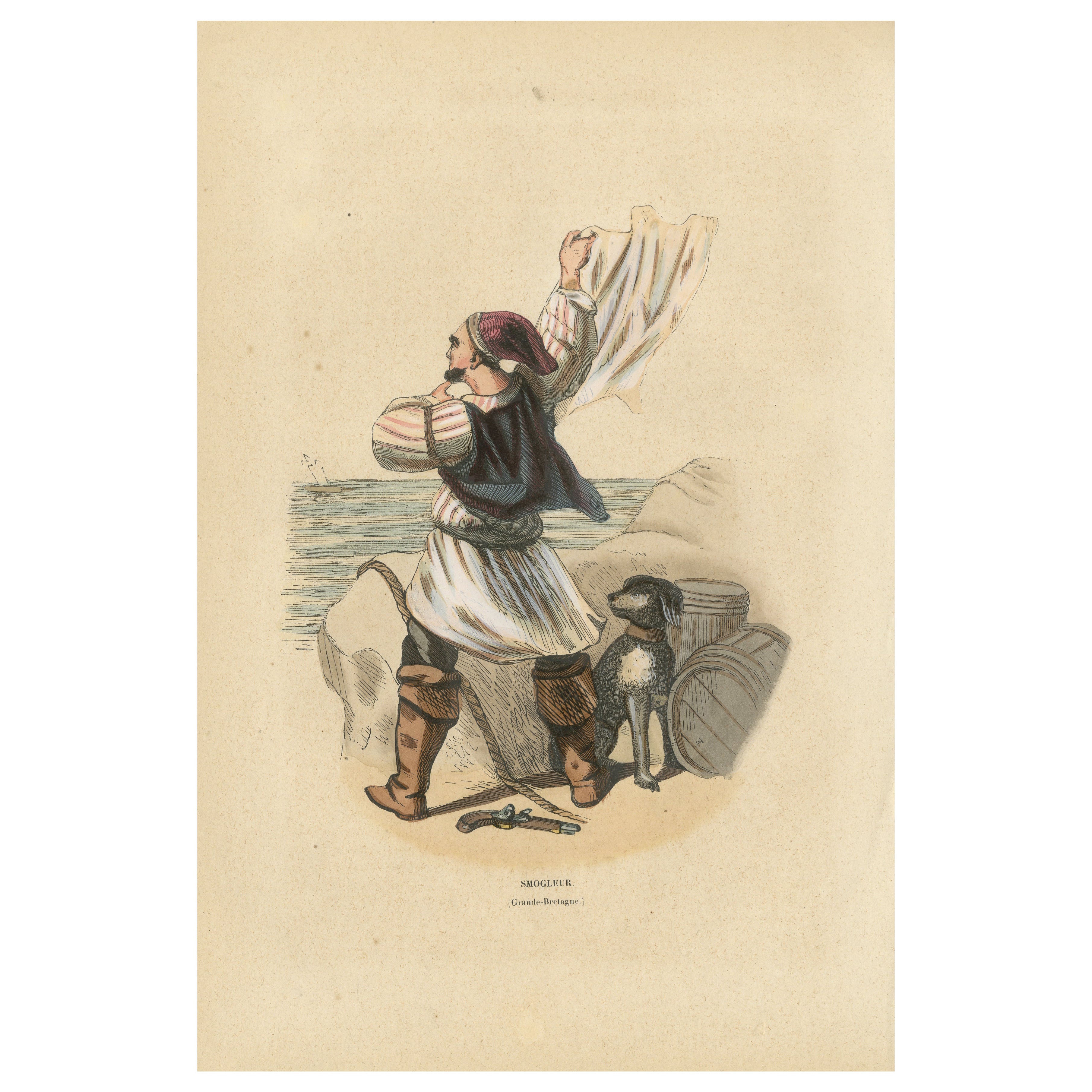 British Smuggler, Coastal Scene, Hand-Coloured Lithograph, c.1845 For Sale