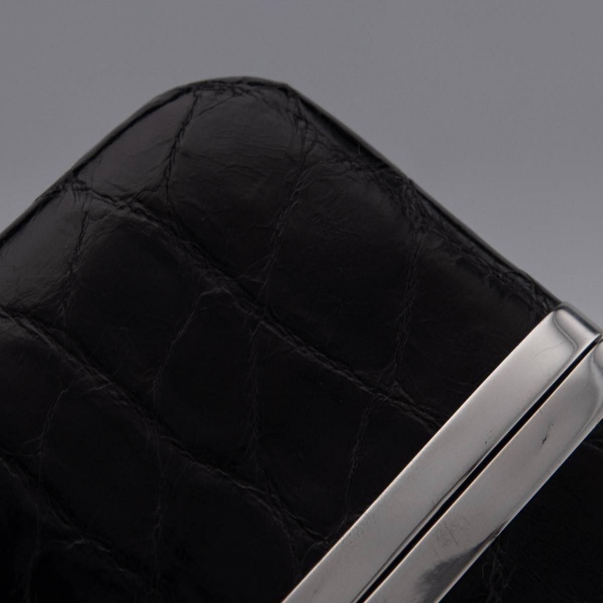 Contemporary British Solid Silver & Black Crocodile Leather Cigar Case, London, c.2004