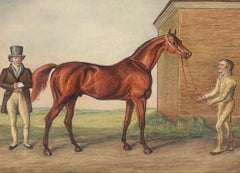 Belle peinture britannique des années 1820 sur les courses de chevaux Entraîneur, cheval et jockey dans le champ