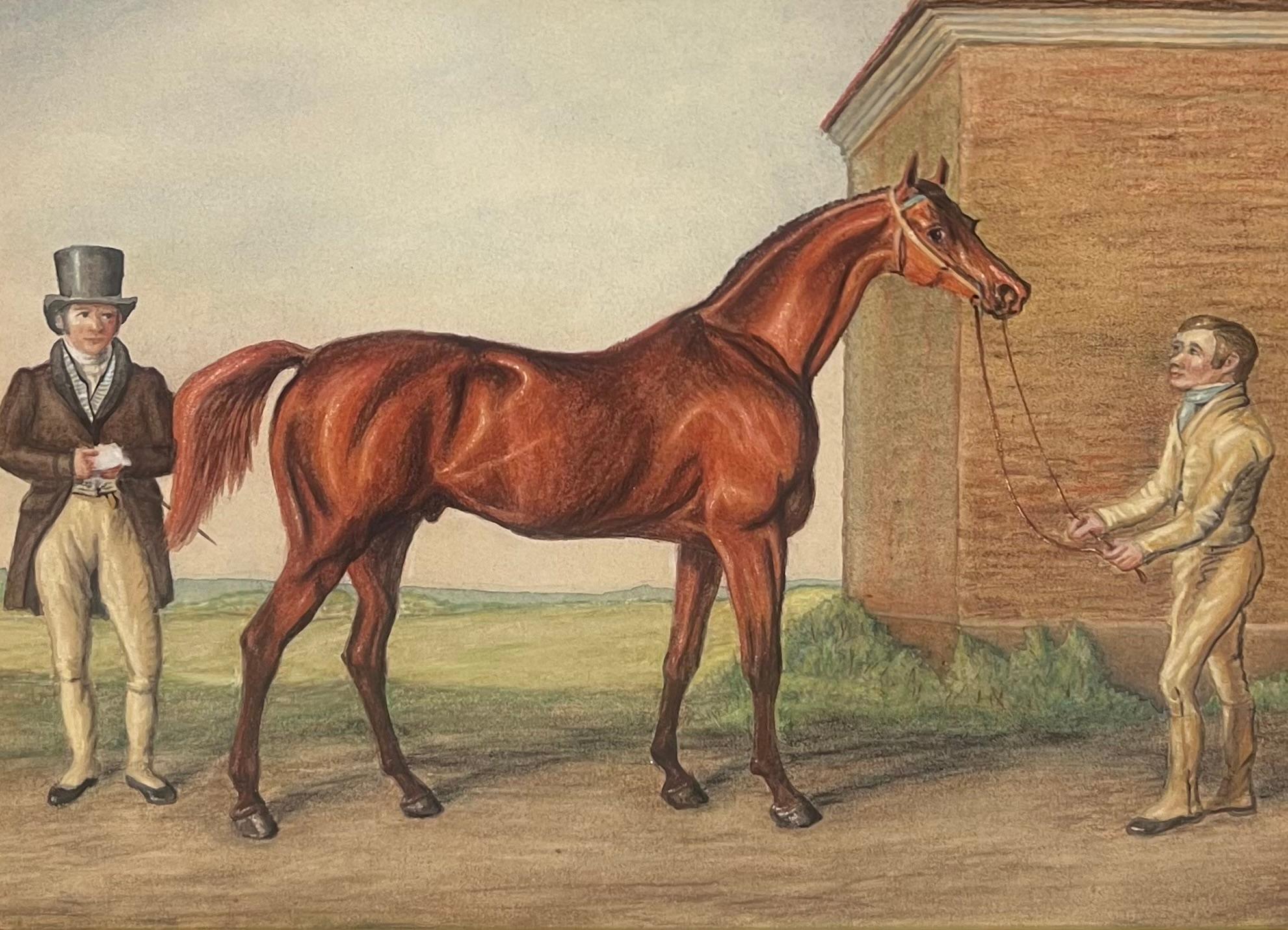 Feine 1820's British Sporting Art Gemälde Rennpferdebesitzer, Pferd und Bräutigam im Angebot 1