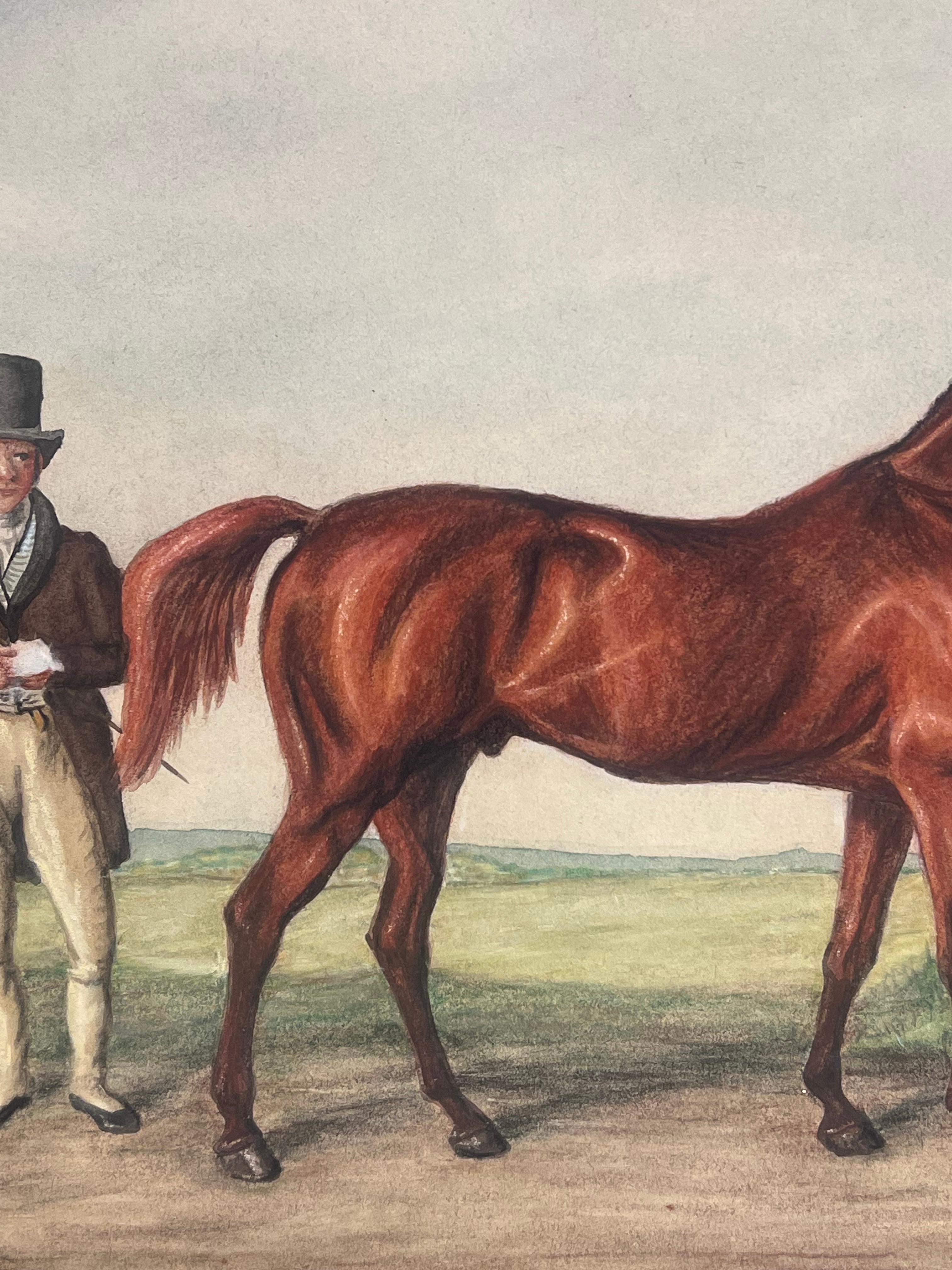 Feine 1820's British Sporting Art Gemälde Rennpferdebesitzer, Pferd und Bräutigam im Angebot 5
