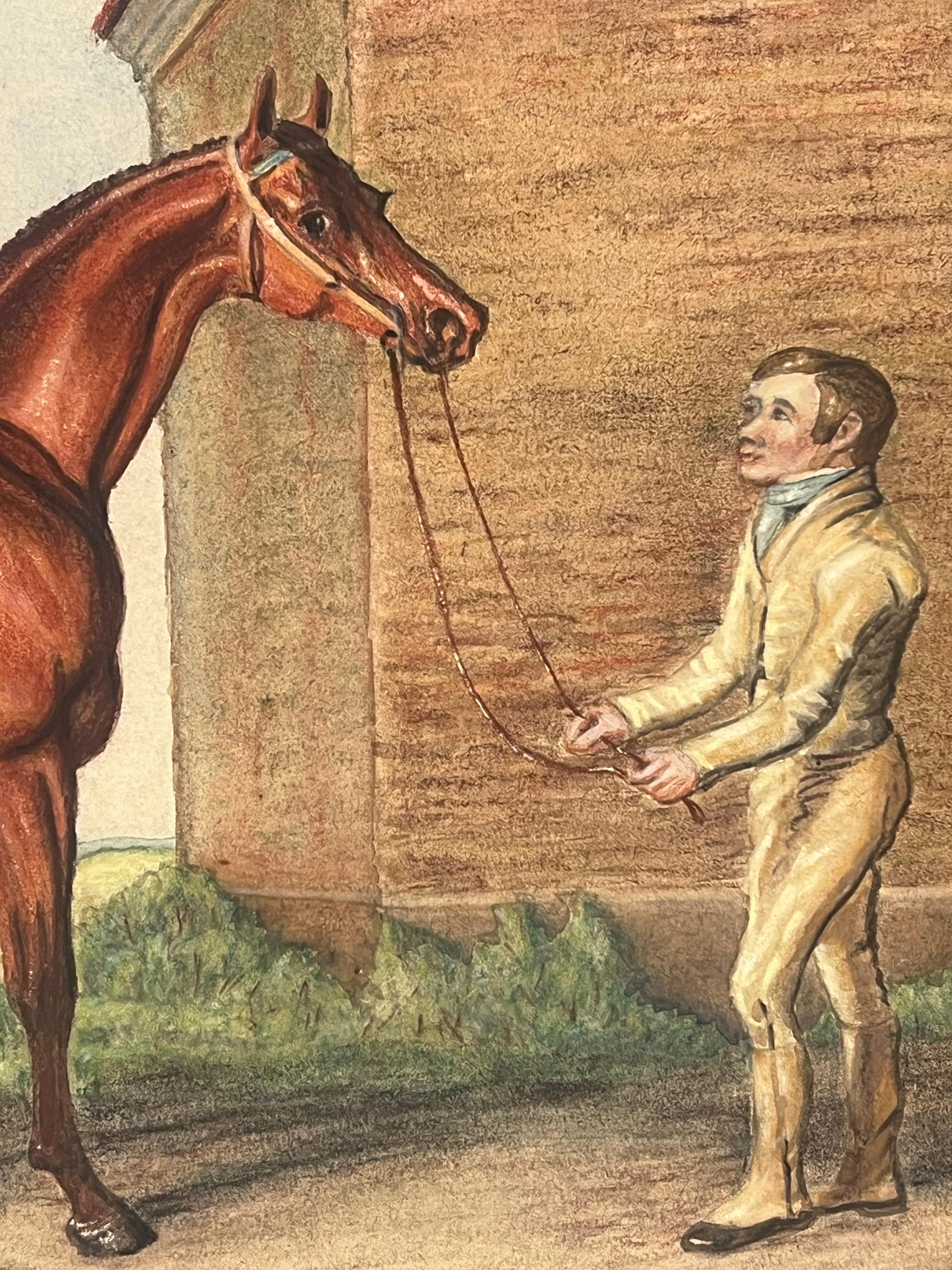 Feine 1820's British Sporting Art Gemälde Rennpferdebesitzer, Pferd und Bräutigam im Angebot 6