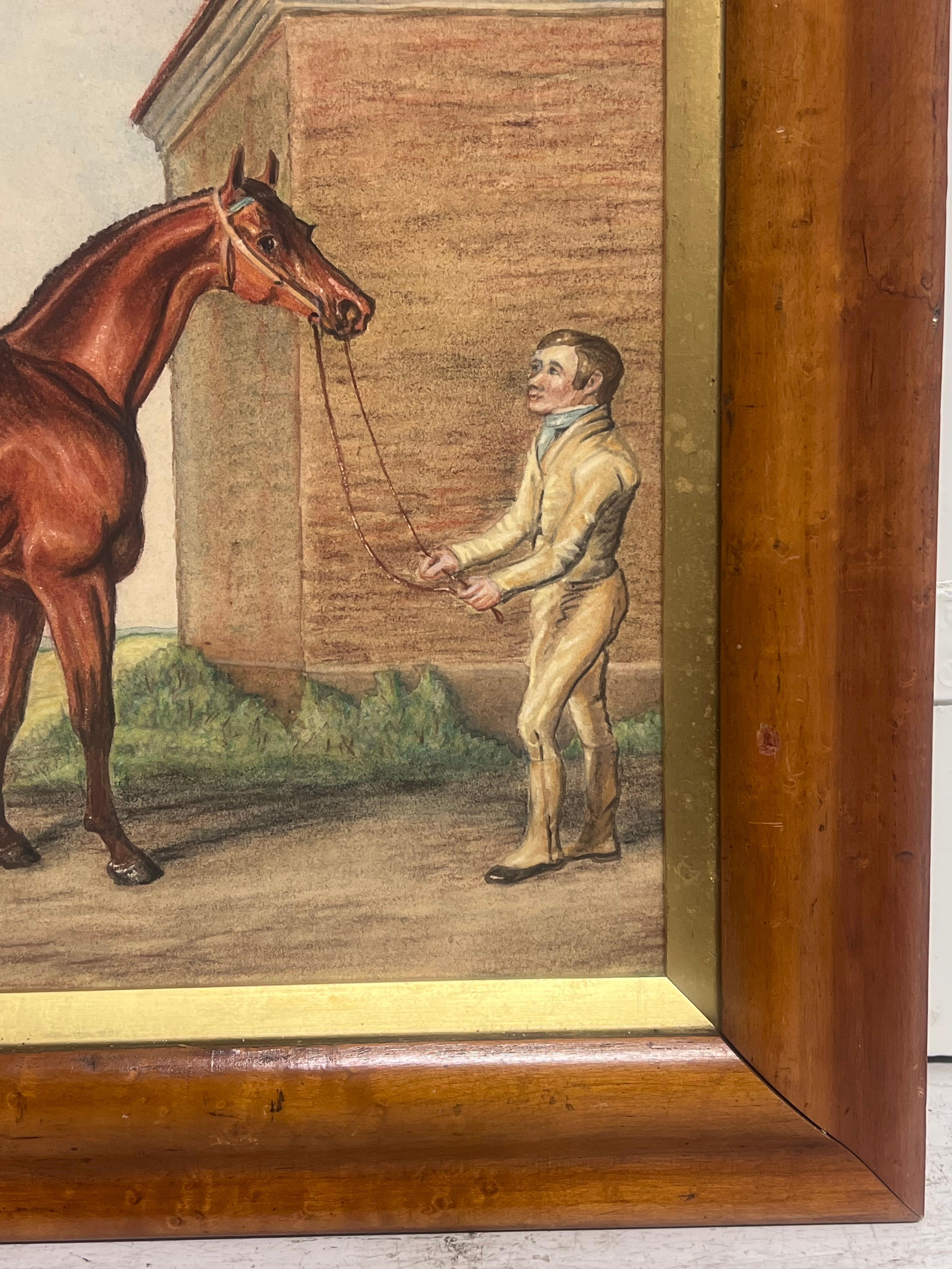 Feine 1820's British Sporting Art Gemälde Rennpferdebesitzer, Pferd und Bräutigam im Angebot 7
