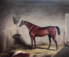 Grande peinture à l'huile britannique des années 1870, cheval en châtaignier dans une écurie