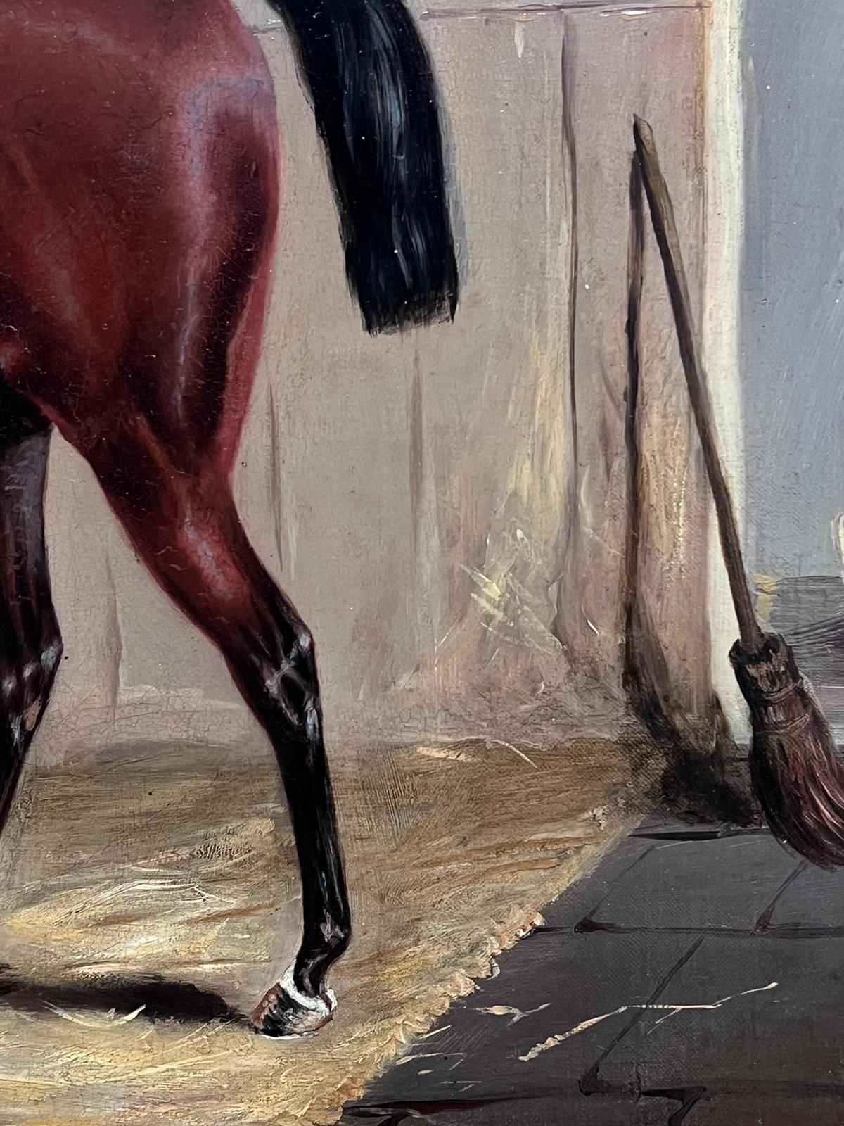 Grande peinture à l'huile britannique des années 1870, cheval en châtaignier dans une écurie - École anglaise Painting par British Sporting Art