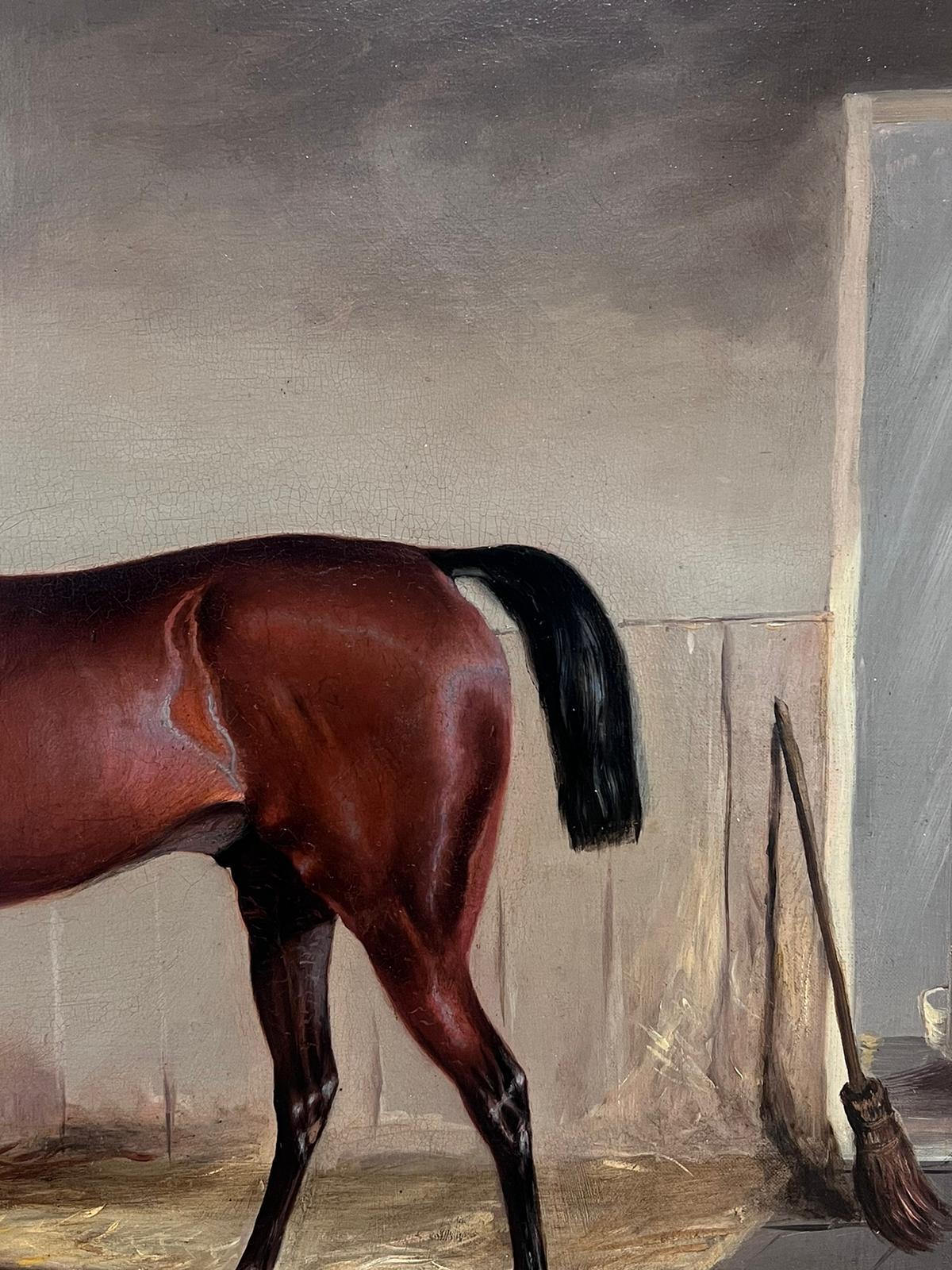 Fine 1870's British Sporting Art Large Oil Painting Chestnut Horse in Stable For Sale 3