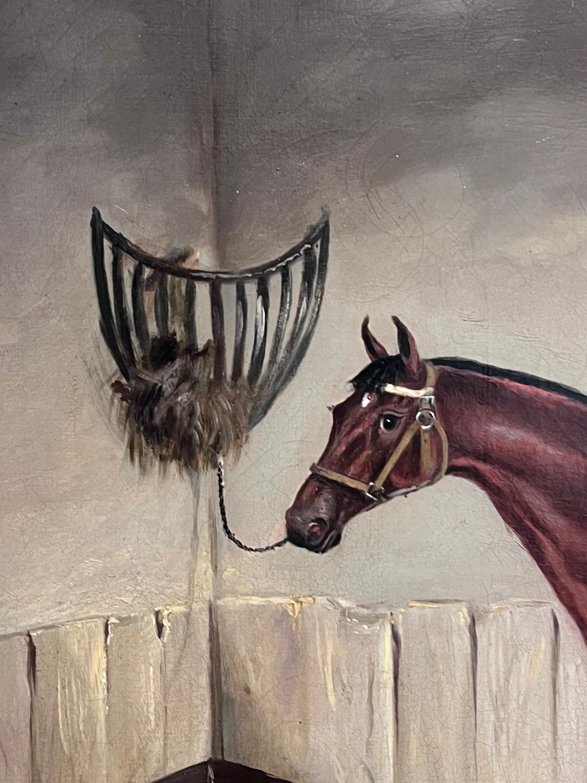 Grande peinture à l'huile britannique des années 1870, cheval en châtaignier dans une écurie en vente 3